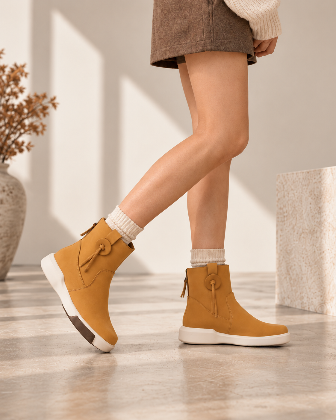 Side view of yellow suede ankle boots with cream soles, styled with cream socks and brown shorts while stepping.