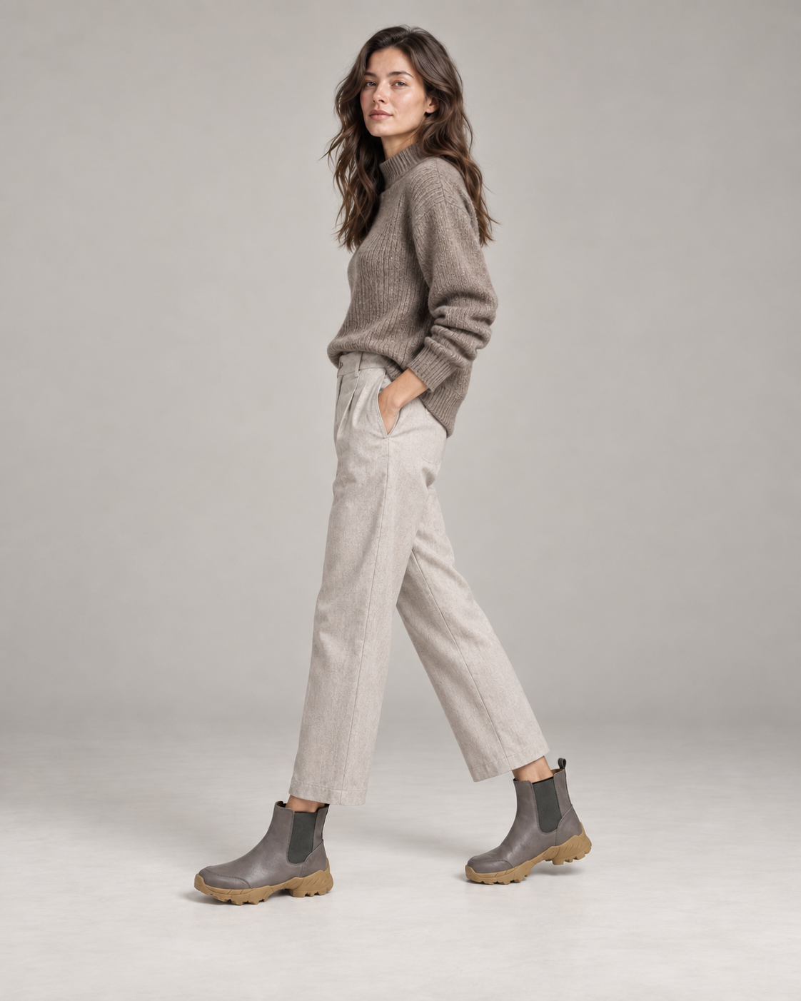 Grey Khaki Ankle Boots — Styled in studio 2