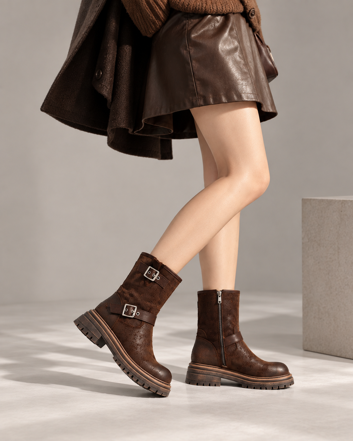 Reverse-Leather Shaft Boots — On foot 1