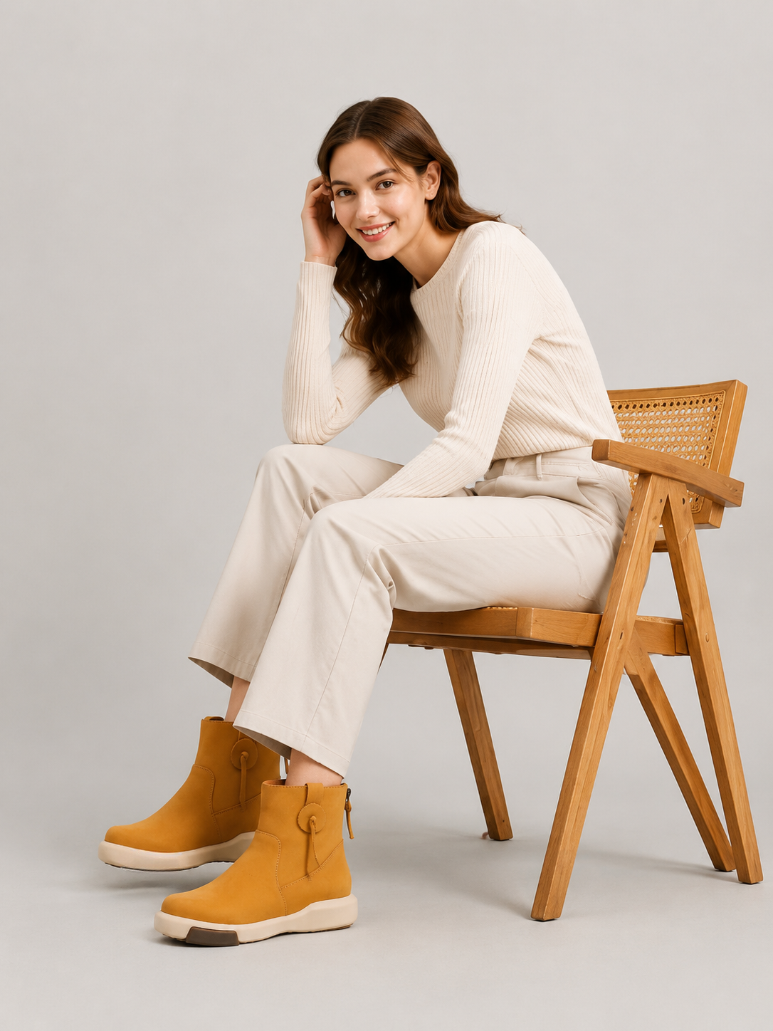 Model seated in a wooden armchair wearing yellow suede ankle boots with a cream sweater and cropped trousers.