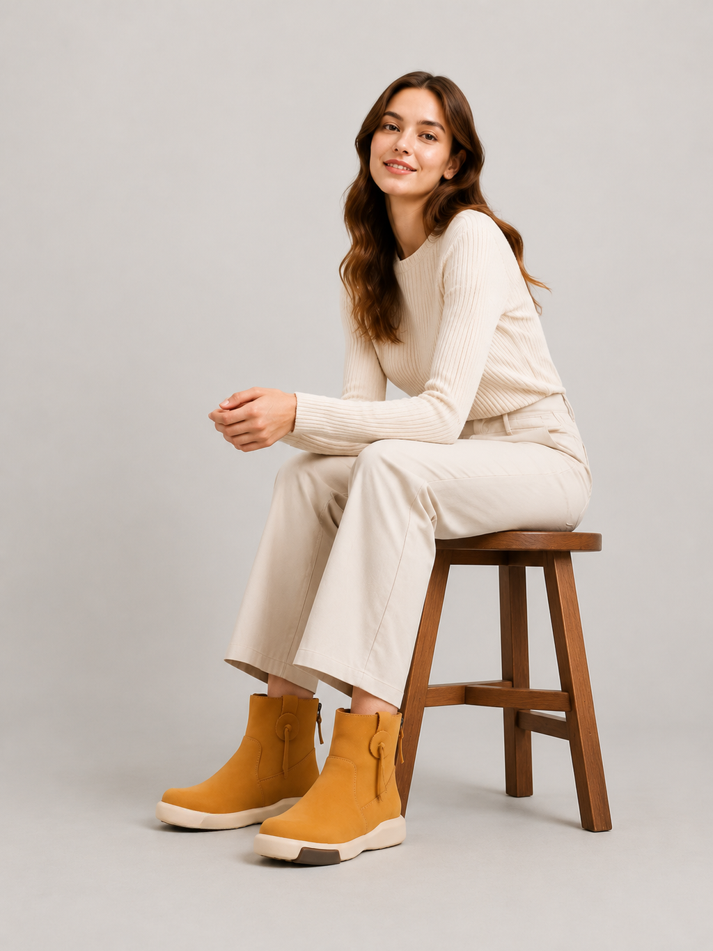 Model seated on a wooden stool wearing yellow suede ankle boots with a cream sweater and cropped ivory trousers.