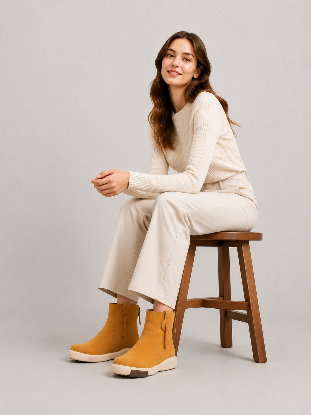 Model seated on a wooden stool wearing yellow suede ankle boots with a cream sweater and cropped ivory trousers.