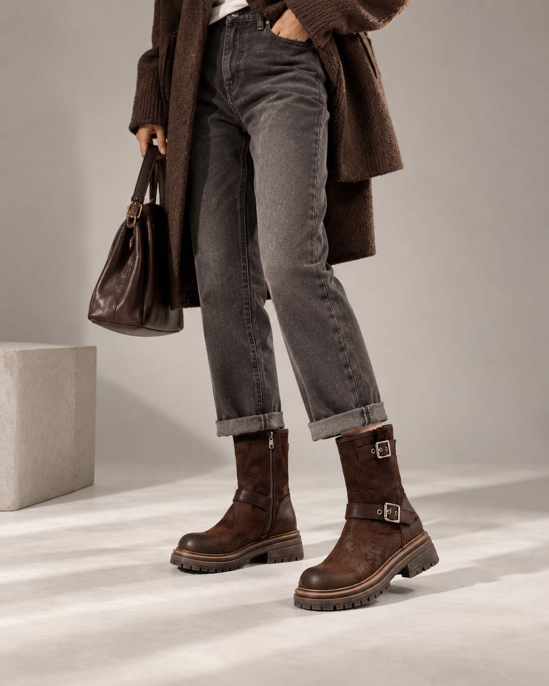 Reverse-Leather Shaft Boots — On foot 3