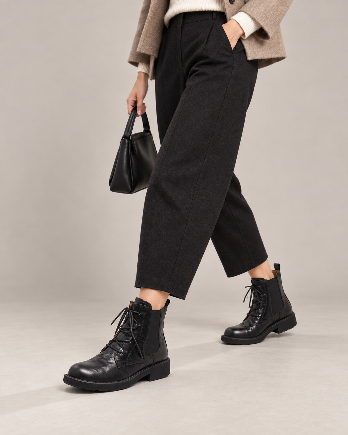 Vegetable-Tanned Black Boots — On foot 1