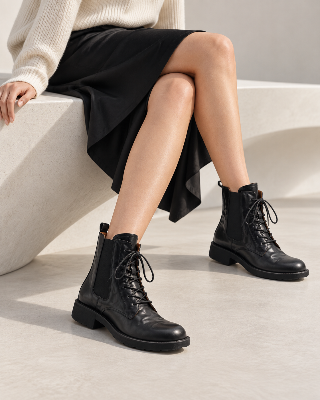 Vegetable-Tanned Black Boots — On foot 4