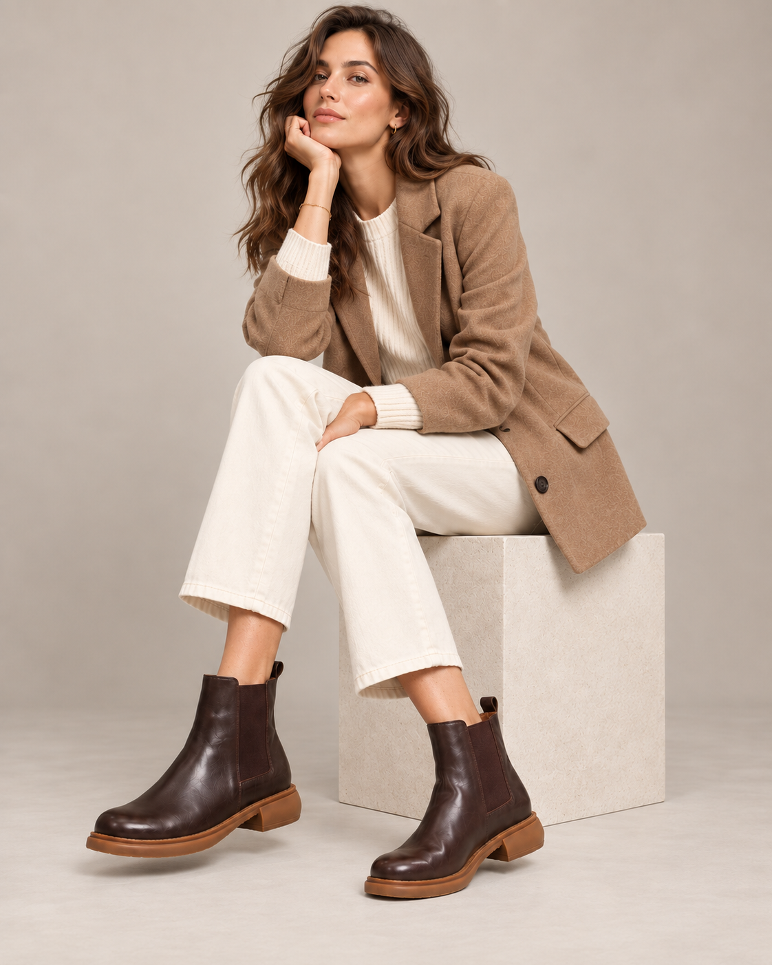 Seated model wearing brown leather Chelsea boots with cream trousers, a cream sweater and a brown blazer.